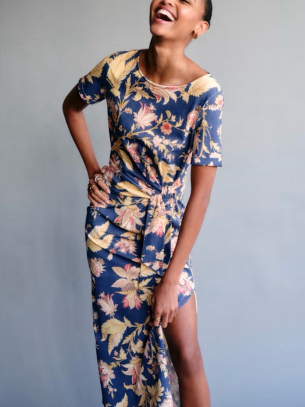 Sezane PIPPA Never Ending Blue Botanical Organic Cotton Side Tie Midi Dress NEW